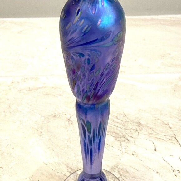 Brian Maytum Blown Glass Torchiere Oil Lamp Purple Iridescent Signed Dated 1985 - Picture 5 of 8